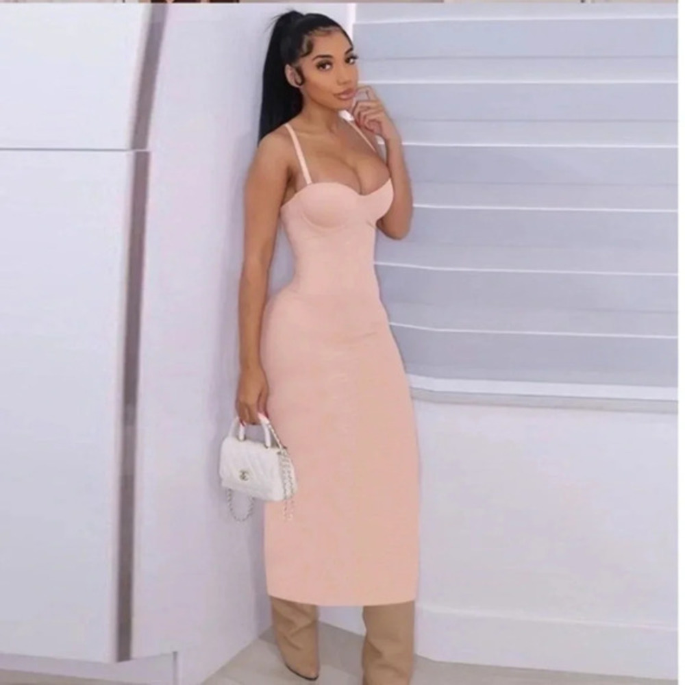 Women’s Nude Blush Bodycon Midi Dress Bustier Style Fitted Stretch NWT